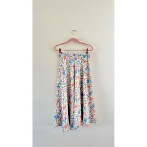 Vintage Floral Midi Skirt Womens Size 6 Pastel Rayon High Waisted A-Line 90s
